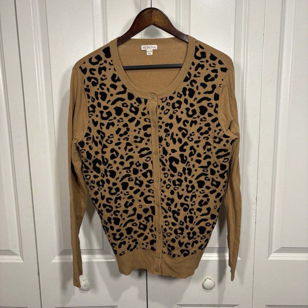 Merona Cardigan Sweater Womens XL Tan Leopard Animal Print Boho Fall Layering